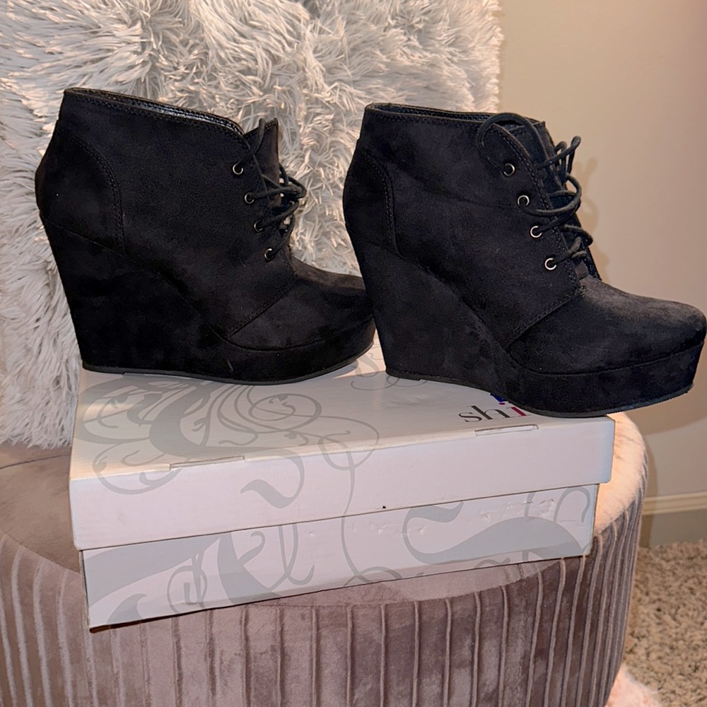 Suede Black Booty Wedge Heels
